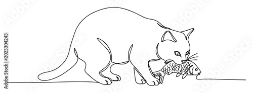 Tableau sur toile cat caught mouse oneline vector