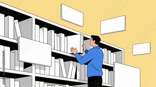 Fotografía An illustration of an individual reaching for a book in a modern library, surrou