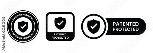 Foto patented protected shield icons with checkmark black vector symbols on white bac