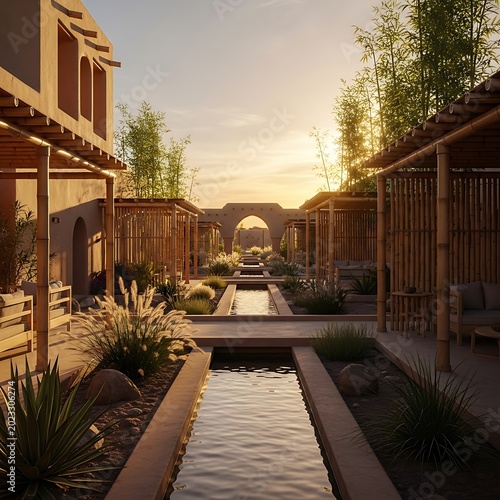 Serene courtyard, desert garden, water feature, modern architecture, peaceful oasis