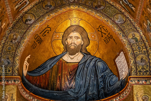 Konstfotografi Christ Pantocrator in the apse, Santa Maria la Nuova Cathedral, Arab-Norman styl