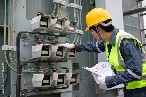 Foto Electrical engineer inspecting transformer surge counters at substation, monitoring arrester records for maintenance diagnostics, safety compliance, and asset reliability