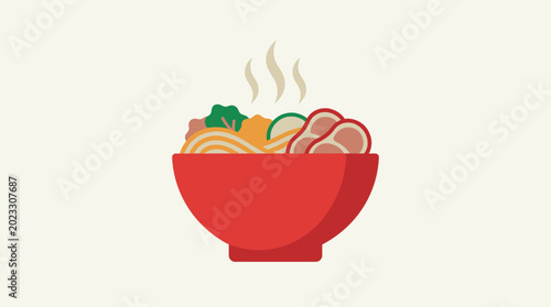 Fotografia A steaming bowl of noodles and vegetables.