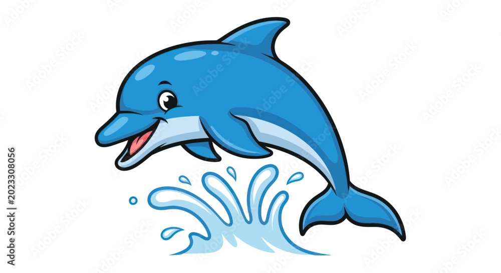 Fototapeta premium Happy cartoon dolphin jumping out of water, isolated on white background