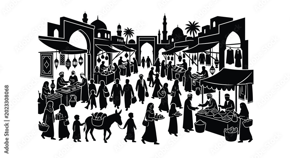 Obraz premium Silhouette of a bustling middle eastern marketplace with people and vendors