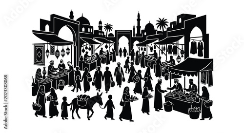 Cuadro en lienzo Silhouette of a bustling middle eastern marketplace with people and vendors