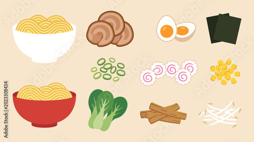 Obraz na plátně A variety of ramen ingredients displayed.