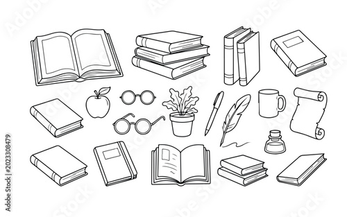 Fotografi Hand Drawn Books and Stationery Doodle Set; Black Minimalist Reading and Educati