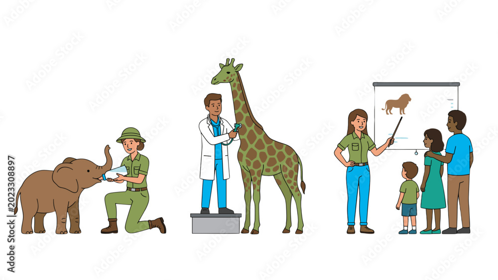 Naklejka premium Zoo professions and animal care vector set: zookeeper feeding baby elephant, veterinarian examining giraffe, and guide educating family