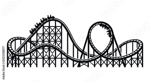 Foto Silhouette of a roller coaster with riders on a thrilling track