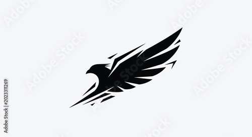 Dynamic black silhouette of an eagle or hawk in flight with sharp geometric lines emphasizing speed and power on a light background.