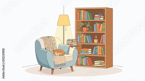 Cozy Reading Nook Illustration Featuring a Comfortable Blue Armchair, Sleeping Ginger Cat, Floor Lamp, and Wooden Bookshelf Full of Books, Relaxation and Introversion Concept, Flat Vector Art