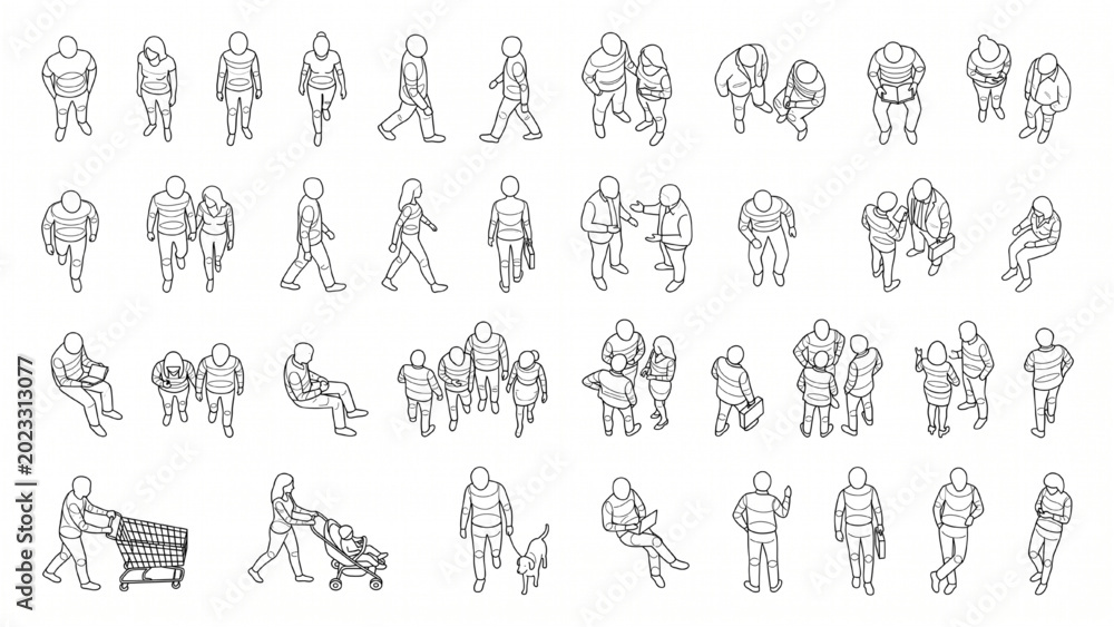 Obraz premium Top Down Architecture CAD Hand Drawn People Sketch Vector Set in Thin Line Editable Stroke Style Isolated on White Background