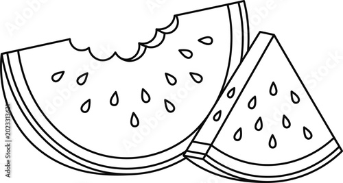 Black and white coloring page illustration of watermelon slices.