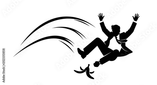 Schilderij op canvas Businessman slipping on banana peel, concept of failure, accident, bad luck, ris