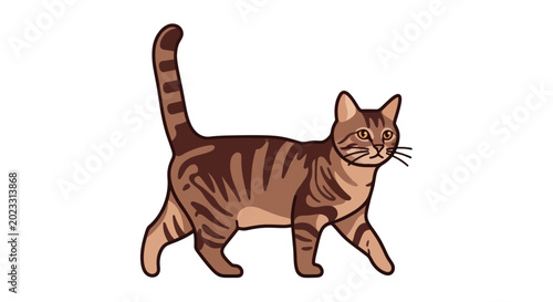 Foto Brown Tabby Cat Walking, Cartoon Style, Isolated on White Background