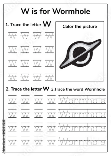 Educational alphabet tracing worksheet featuring the letter W with simple illustration. Designed for kids learning writing skills, phonics, and early vocabulary building in a fun and engaging way.