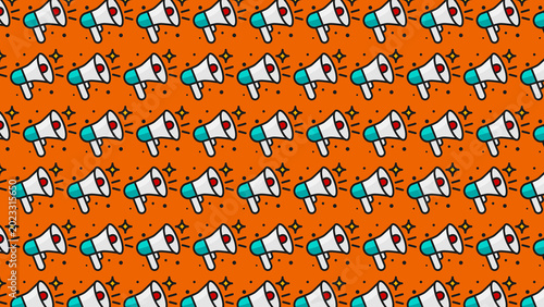 Vibrant and eye-catching repeating pattern of cartoon megaphones symbolizing effective communication, announcement, and promotional strategies for various campaigns