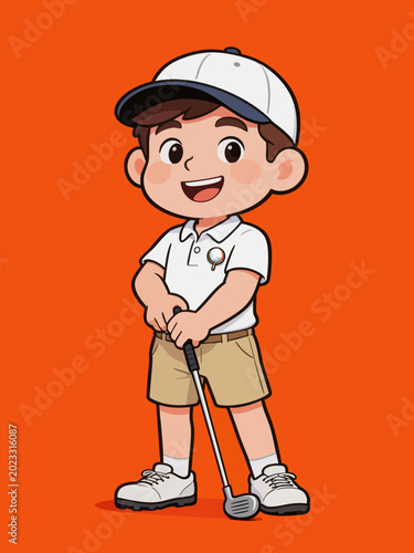 Cute Cartoon Little Boy Playing Golf Outdoors