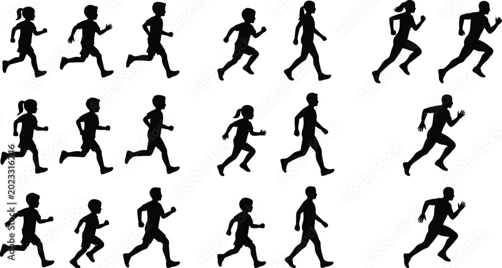 Fototapeta premium Running People Silhouette Collection Featuring Male Female and Child Jogging Sprinting and Walking Poses