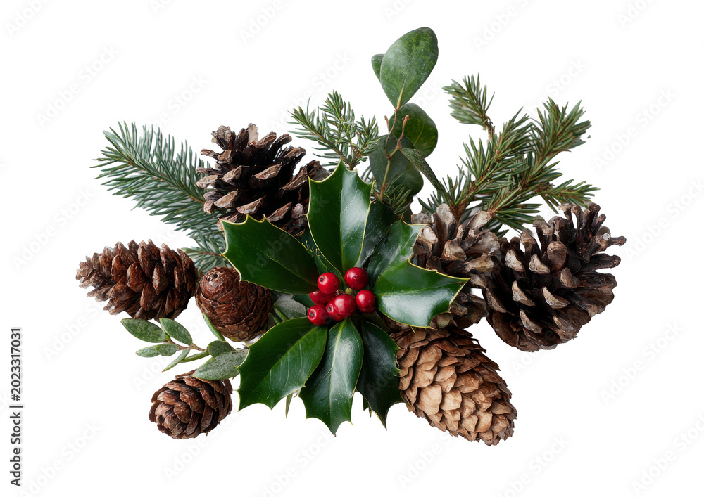Fototapeta premium Christmas Holly and Pine Cones Arrangement
