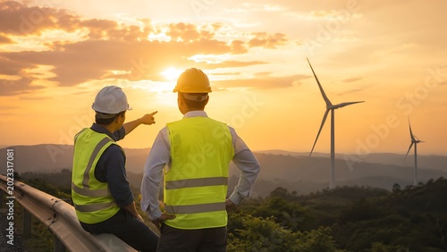 Engineers Discuss Project Development at Wind Energy Site During Sunset with Turbines in Background