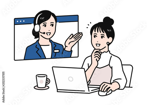 Photos pcでオンライン相談をするまとめ髪の若い女性のシンプルなベクターイラスト素材
