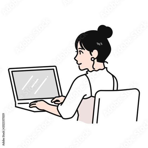 pcを操作するまとめ髪の若い女性の後ろ姿のシンプルなベクターイラスト素材