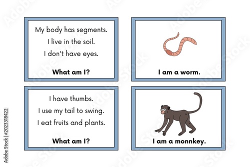 Photography Educational animal riddles with worm and monkey illustrations on white cards