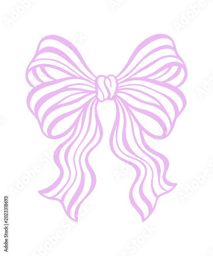 Coquette aesthetic lavender ribbon bow, hand drawn purple line art bow illustration, feminine pastel decorative knot for wedding stationery and gift branding