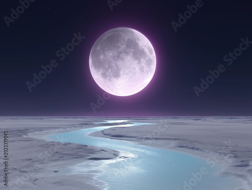 Radiant full moon glowing brightly over a serene winding river flowing through a desolate frozen landscape