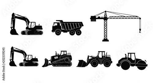 A monochrome set of six different heavy construction vehicle silhouettes including trucks and excavators displayed in a symmetrical grid on a light grey background surface.