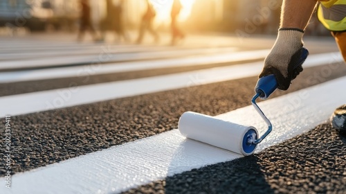 Close-up of worker painting white stripes on asphalt road using paint roller in bright sunlight at pedestrian crosswalk for street safety maintenance