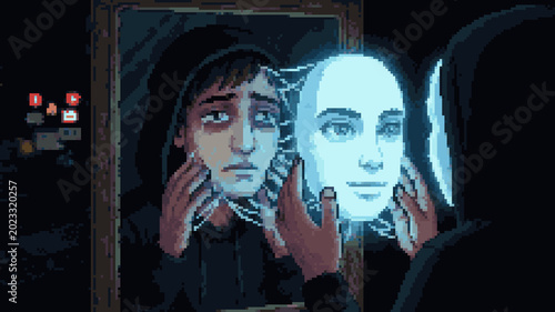 Obraz na plátně Pixel art of a sad man in a hoodie looking in the mirror while removing or putti
