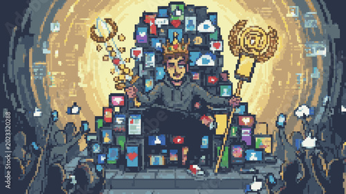 Cuadro en lienzo Pixel art of a smug man with a golden crown sitting on a throne built from smart