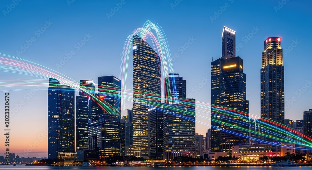 Fototapeta premium Illuminated urban skyline at dusk with radiant fiber optic paths pulsing between buildings symbolizing advanced digital connectivity and speed, speed, digital, energy