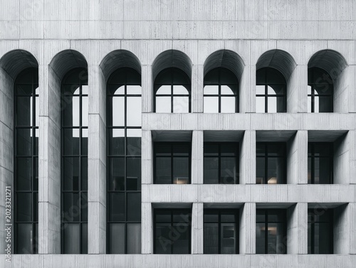 Detailed view of a brutalist concrete building facade featuring rhythmic arched windows and square window grid
