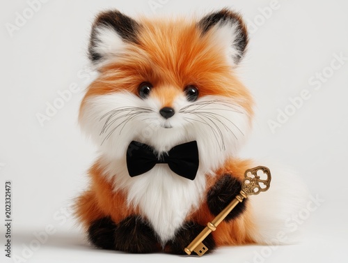 Cute fluffy fox toy wearing a black bow tie and holding a golden skeleton key accessory