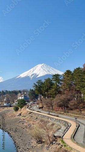 Mount Fuji viewed from bridge over Kawaguchiko lake