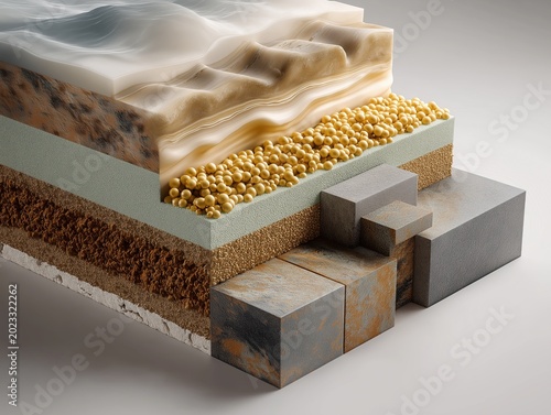 Isometric cross section of geological earth layers featuring distinct soil strata and golden bead aggregate material