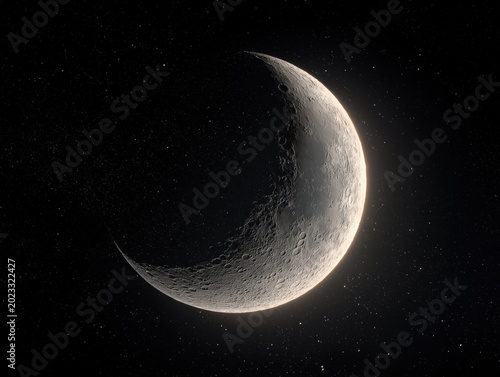 Bright crescent moon showing detailed craters and dusty textures floating in the dark deep outer space