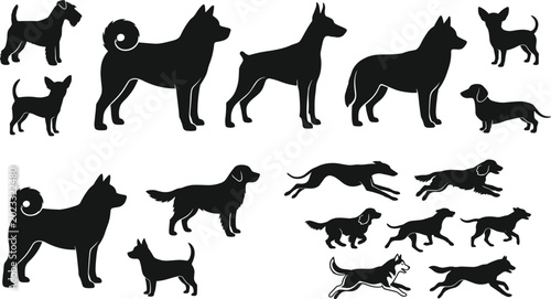Foto Collection of Dog Silhouettes Featuring Domestic Breeds, Running Puppies, Standi