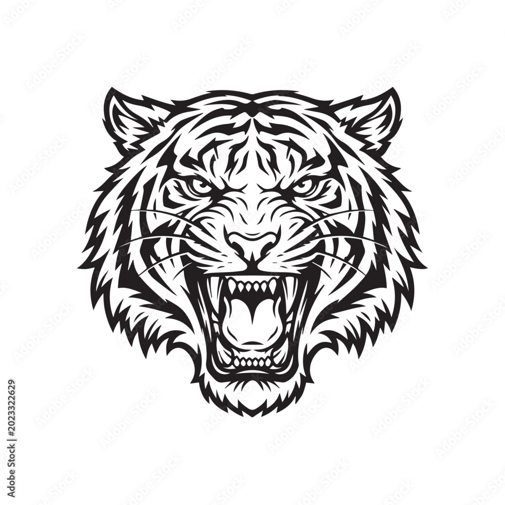 Fototapeta premium Fierce tiger head illustration with aggressive expression.