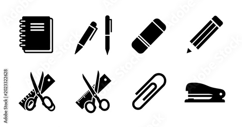 фотографія Stationery Icons Set, Office Supplies Collection, Writing Tools Vector Graphics,