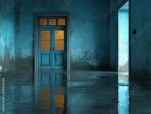 Antique wooden doors with golden glowing light standing in a flooded room with blue textured walls