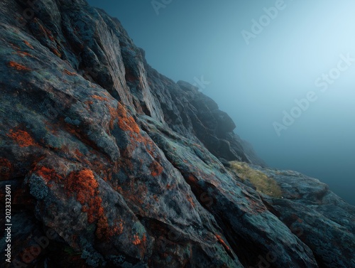 Jagged cliff face covered in vibrant orange moss and lichen fades into a thick blue mist