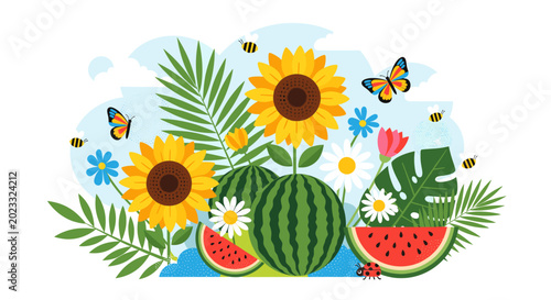 Photography Vibrant Summer Scene with Sunflowers, Watermelons, Butterflies, and Bees Amidst Lush Greenery