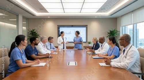 Healthcare Collaboration: Medical staff meeting and sharing insights in conference room
