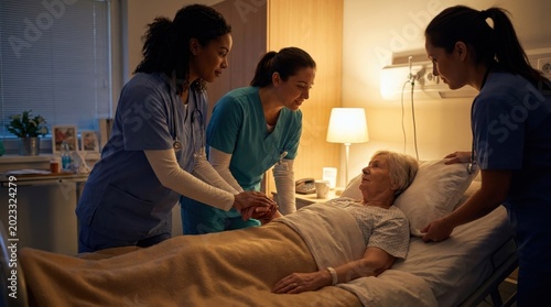 Nursing Care: Nurses group providing comfort near hospital bed area
