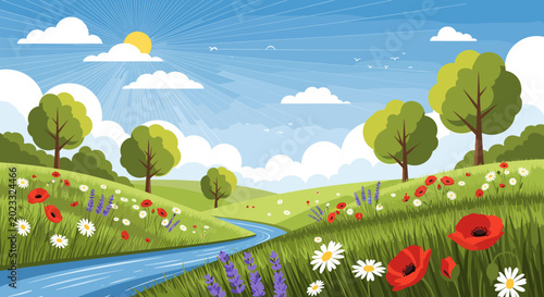 Schilderij op canvas Vibrant spring landscape with a winding river, rolling green hills, and a meadow bursting with colorful wildflowers under a bright, sunny sky